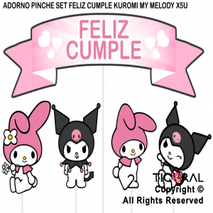 ADORNO PINCHE PARA TORTA FELIZ CUMPLE KUROMI x 5 UNIDADES